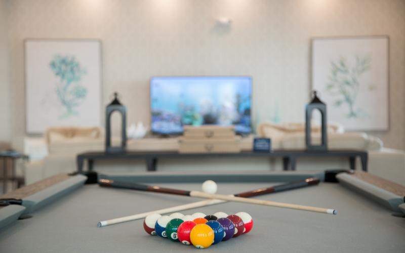 a pool table with a pool table and a tv in the background