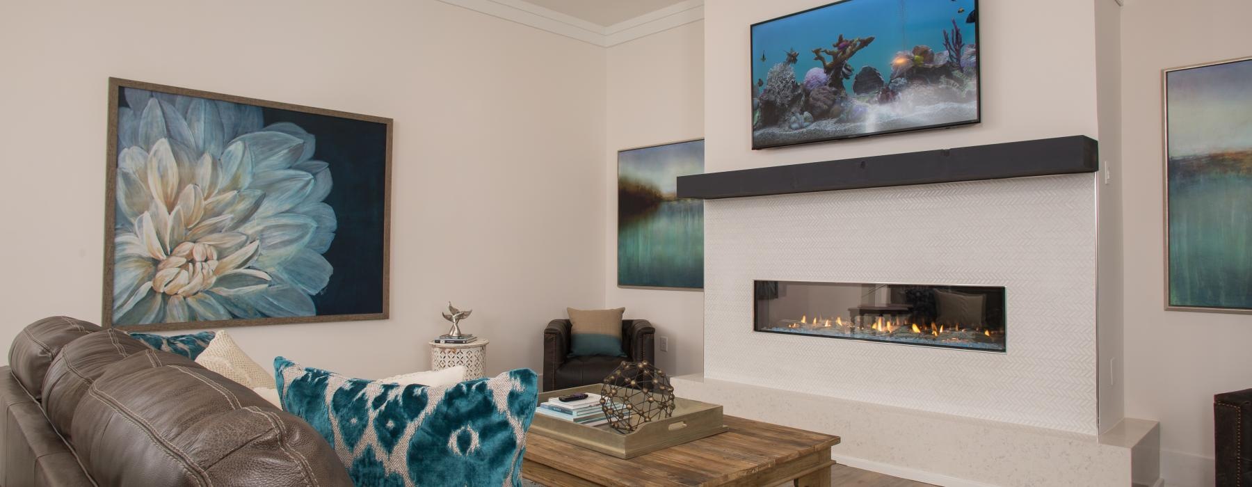 a living room with a fireplace